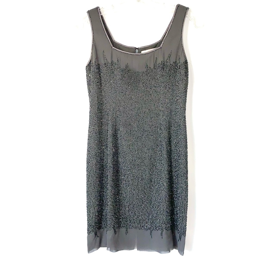 BIEFF BASIX Beaded Mini Evening Silk Dress Gray Size 2 Equal Size 8 UK